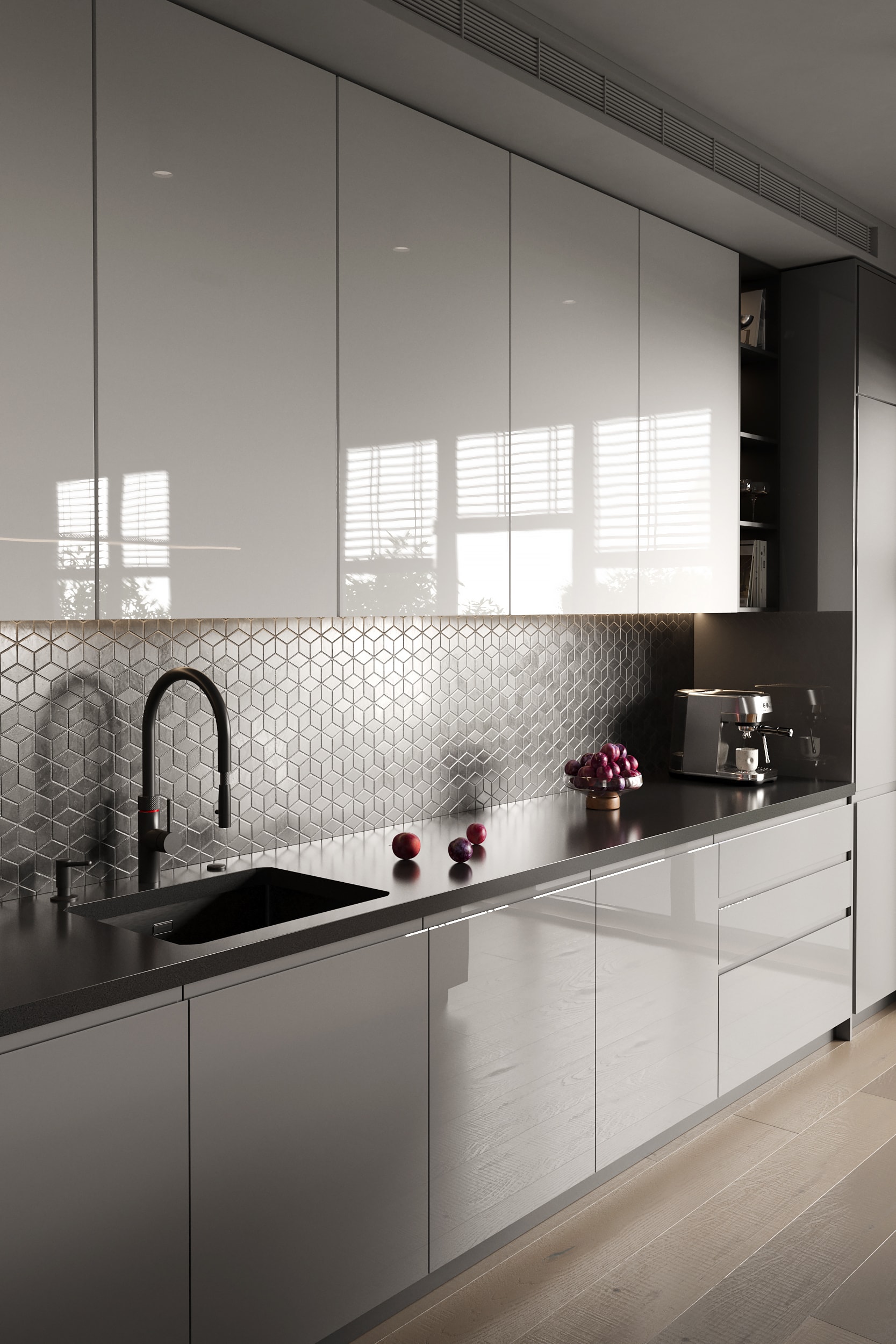 Handleless kitchen cabinetry in a completed home