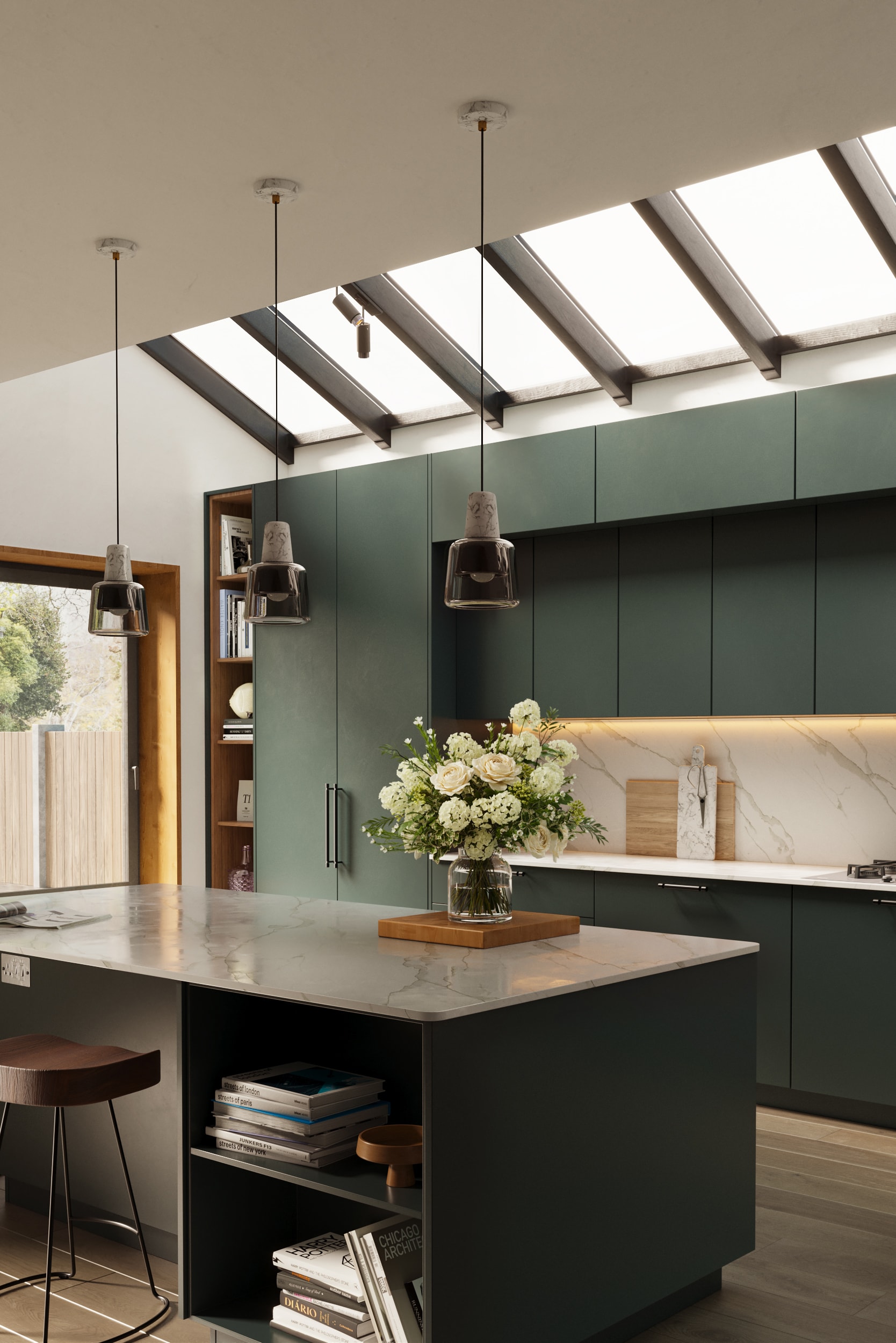 Green made to measure kitchen units with wood worktops