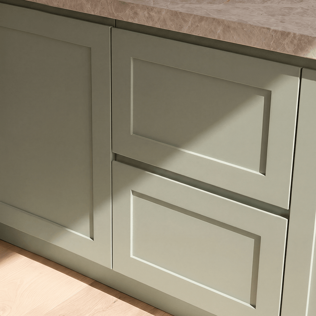 Spray-painted wardrobe finish detail photographed after workshop finishing