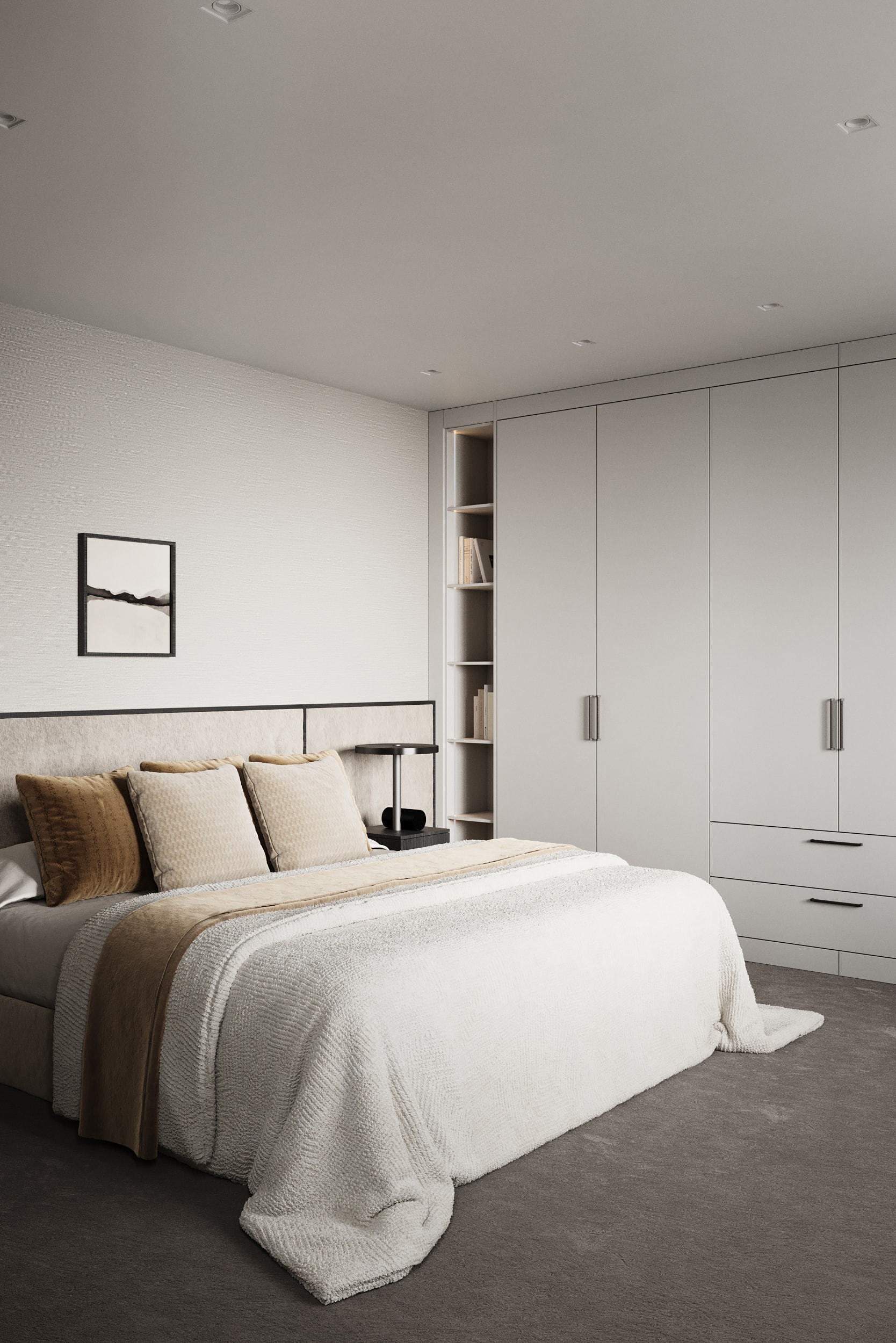 Plain white walk-in wardrobe photographed with doors closed