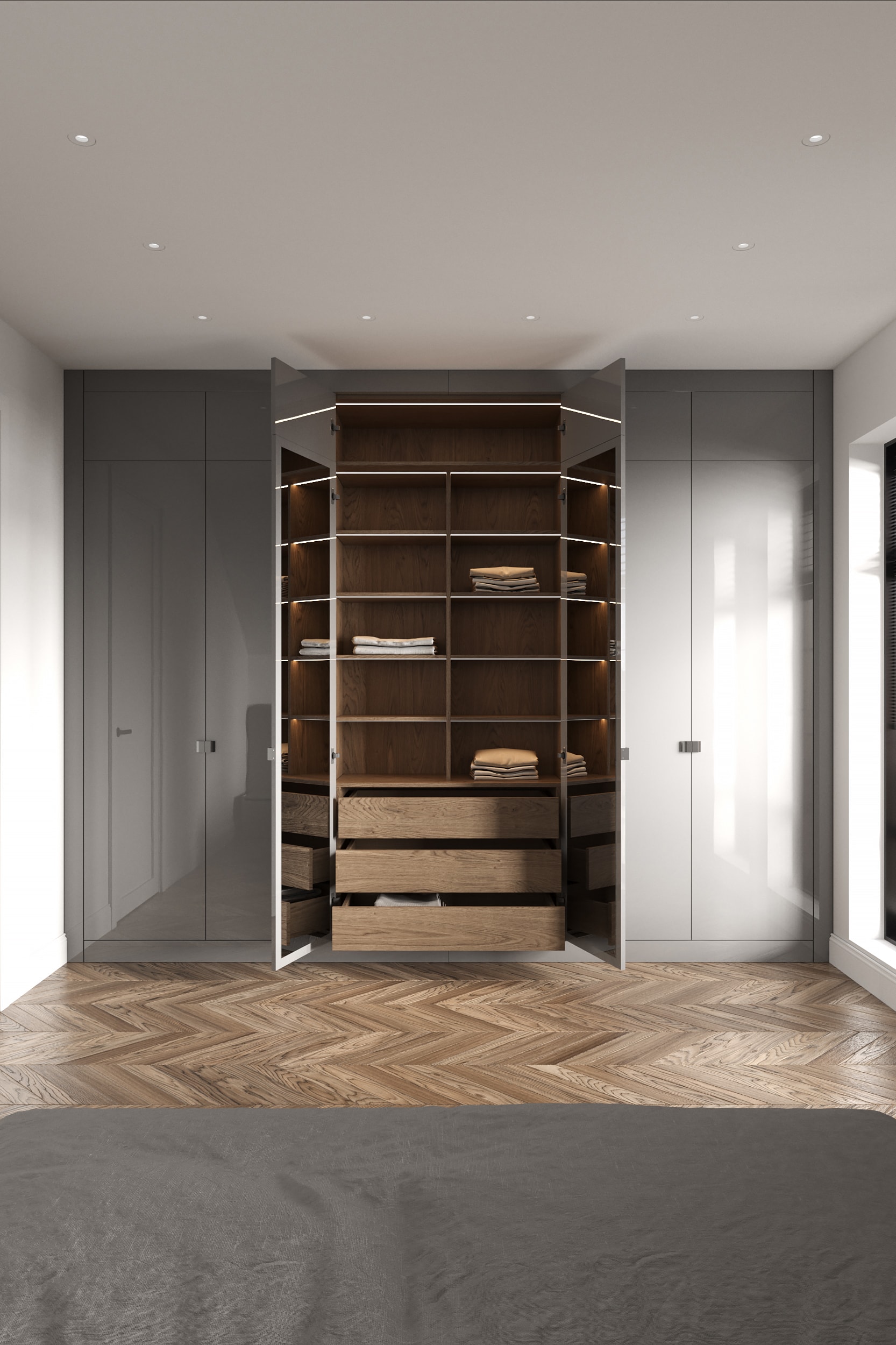 High-gloss walk-in wardrobe photographed in a London home