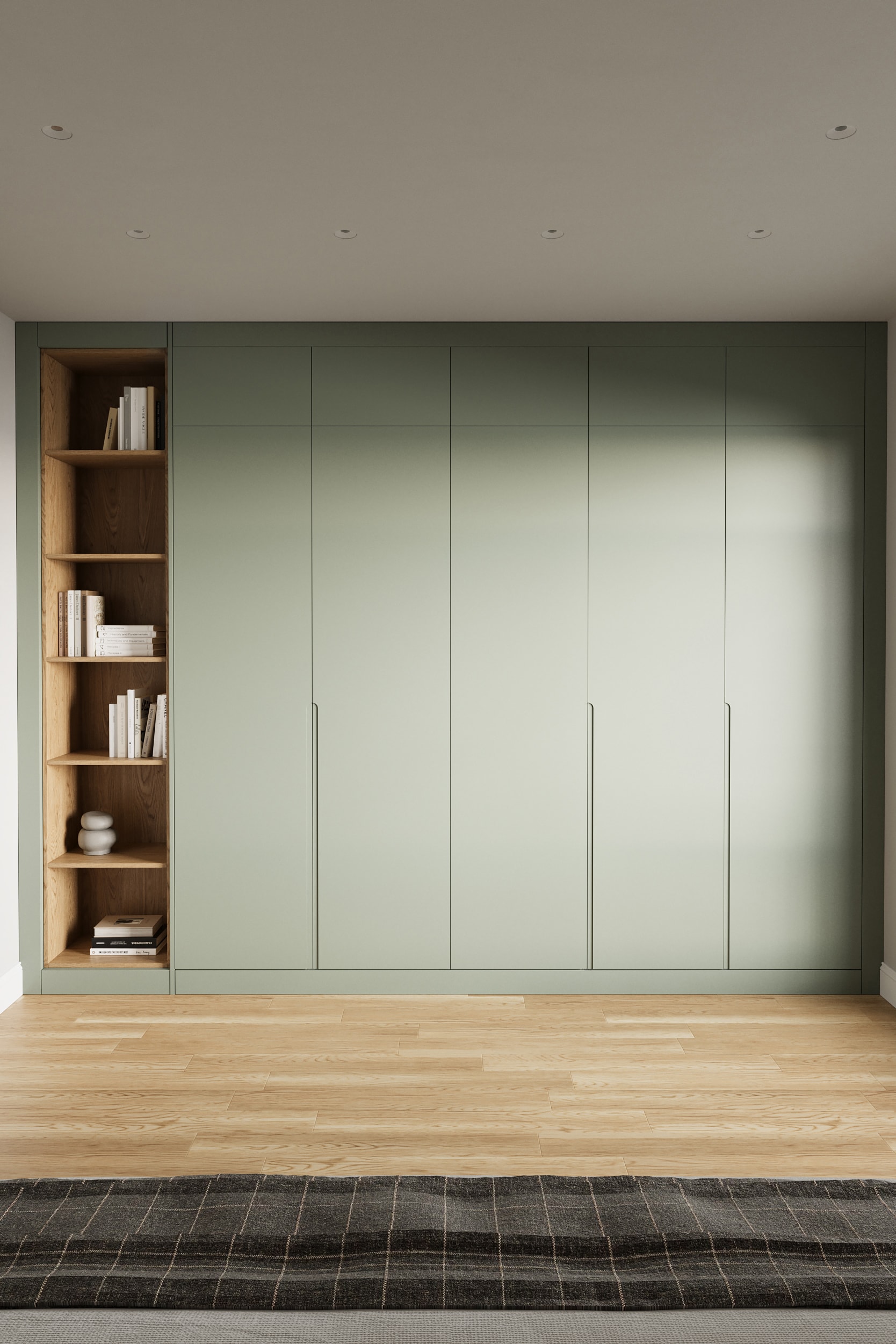 Matt spray-painted wardrobe doors photographed in a bedroom