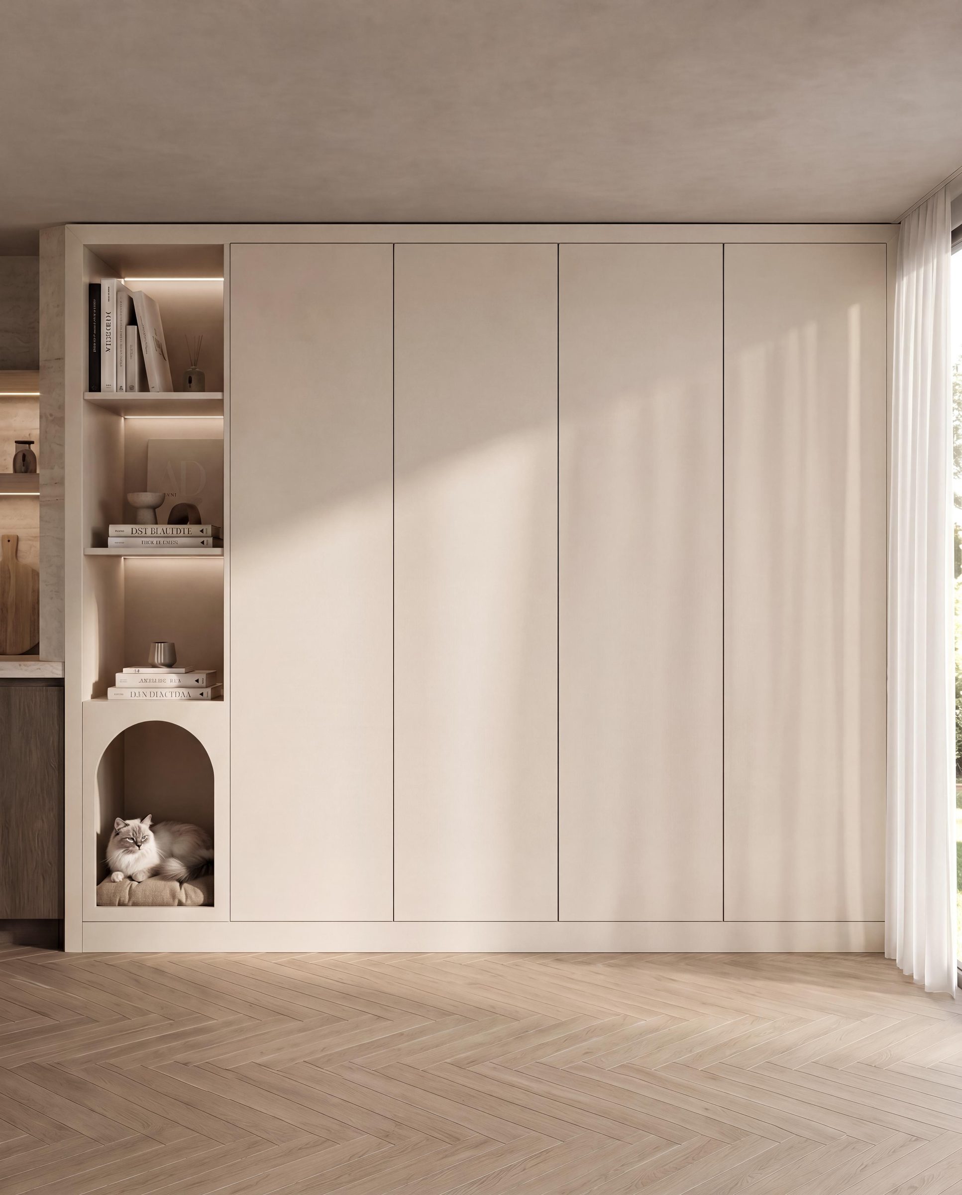 Fabric-fronted fitted wardrobe with mother-of-pearl inlay detail