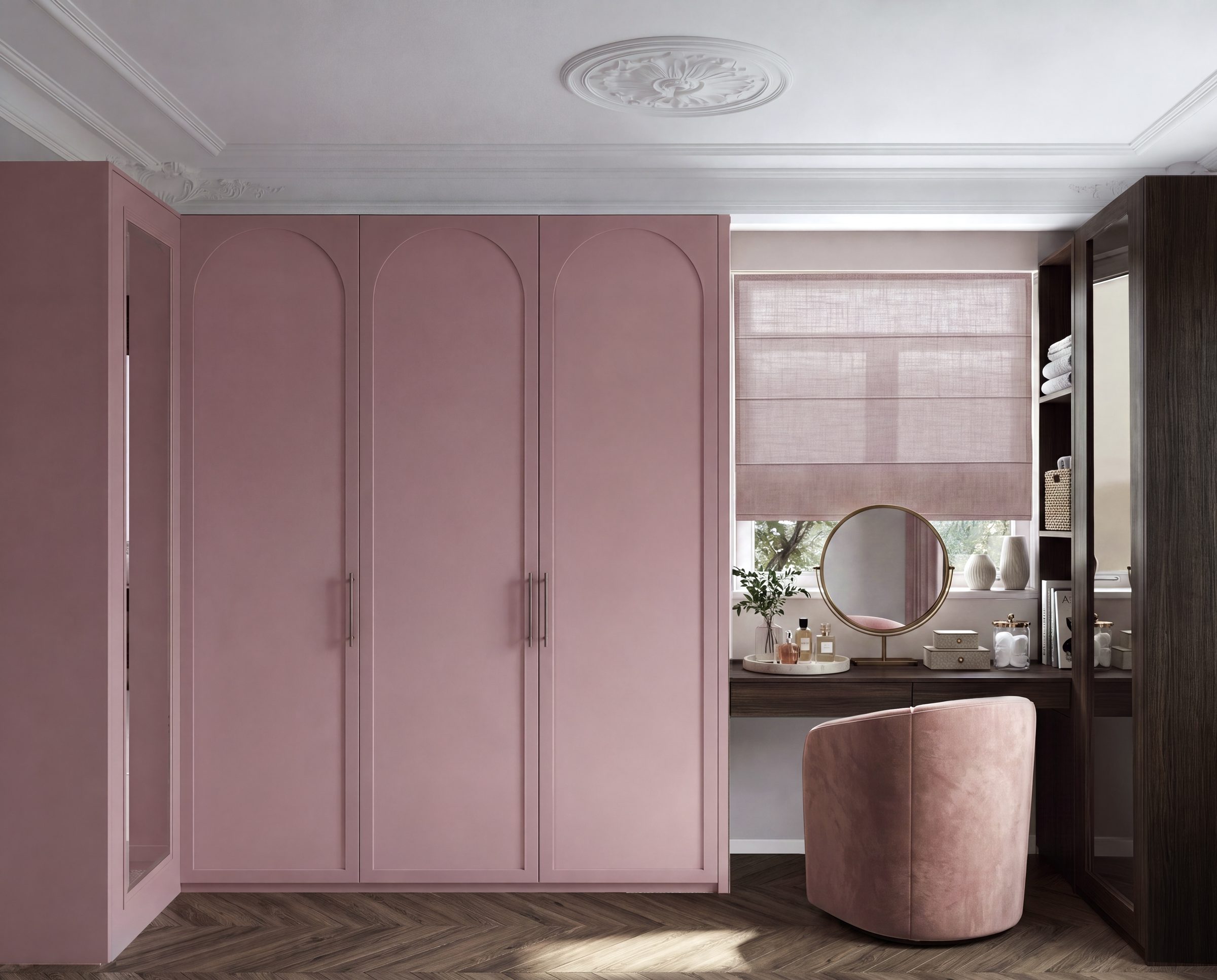 Spray-painted pink dressing room with open shelving and hanging rails