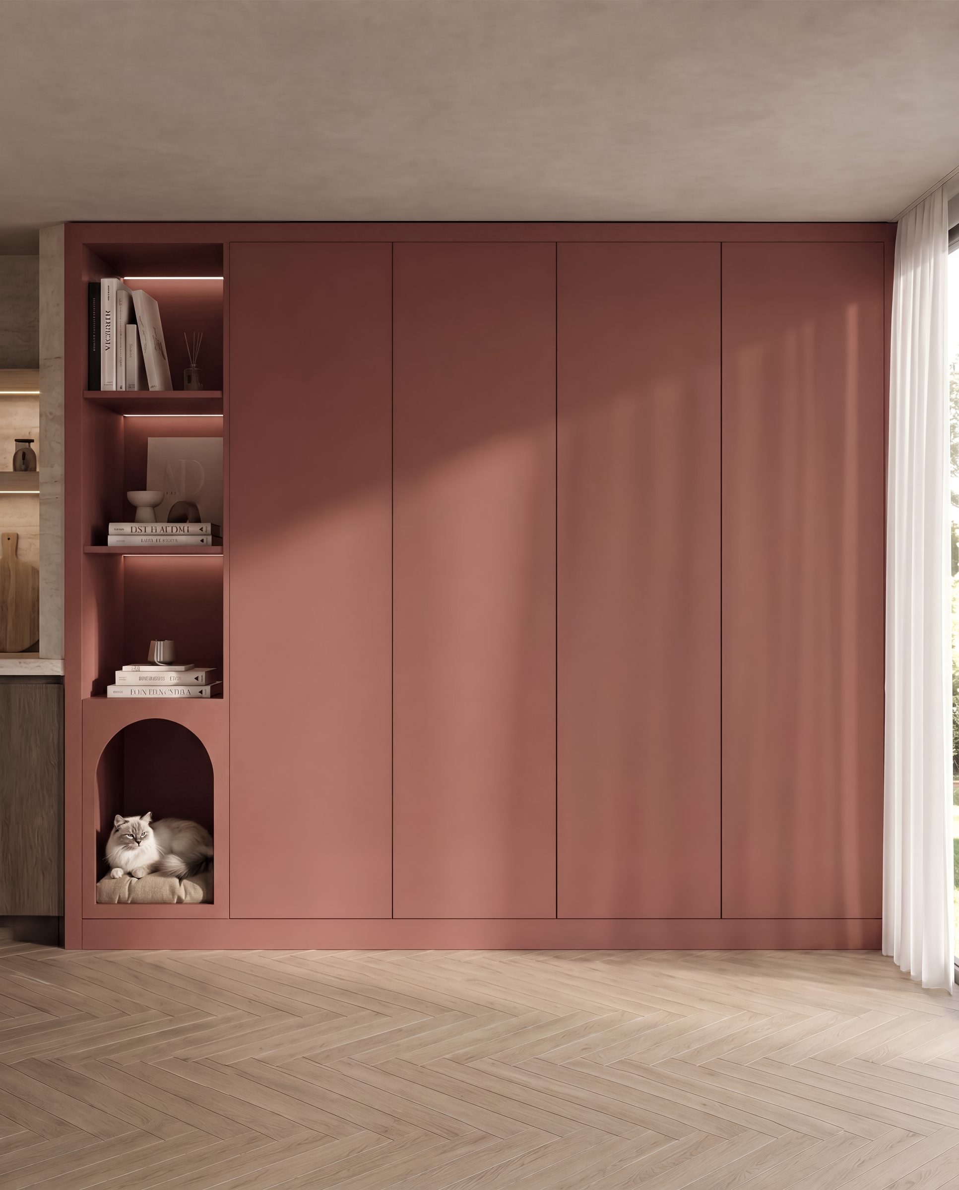 Terracotta spray-painted fitted wardrobe with brass hardware