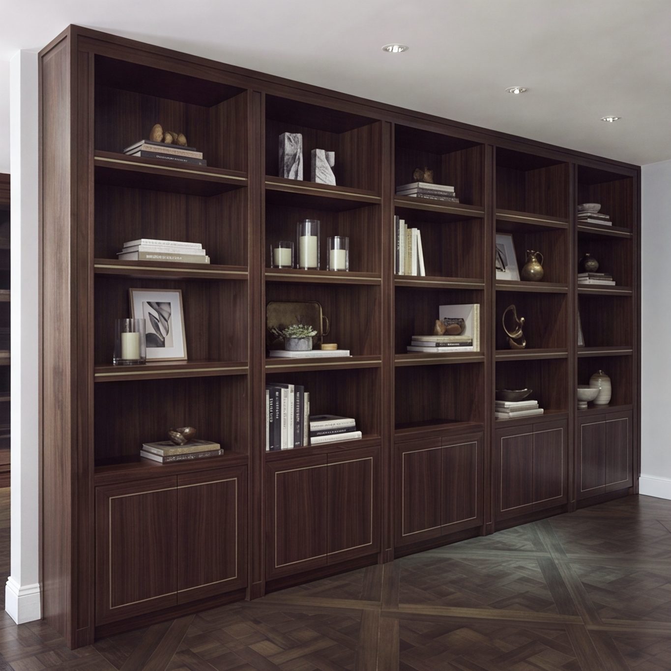 Walnut fitted bookcase with open display shelving, CGI render