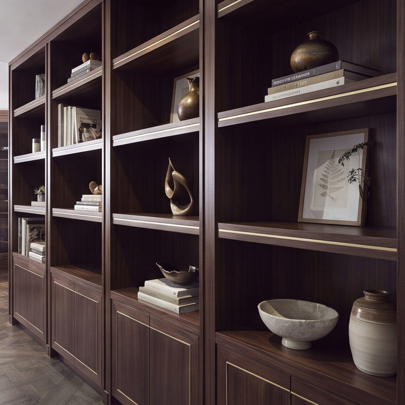Walnut living-room shelving unit with integrated lighting, CGI render