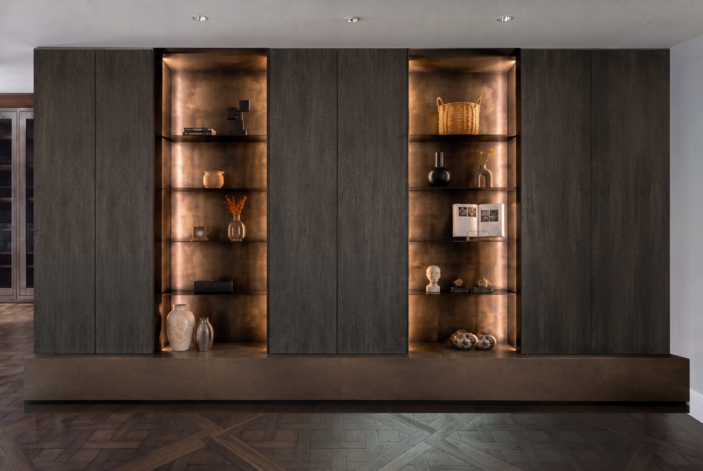 Detail of walnut shelving joinery with display objects