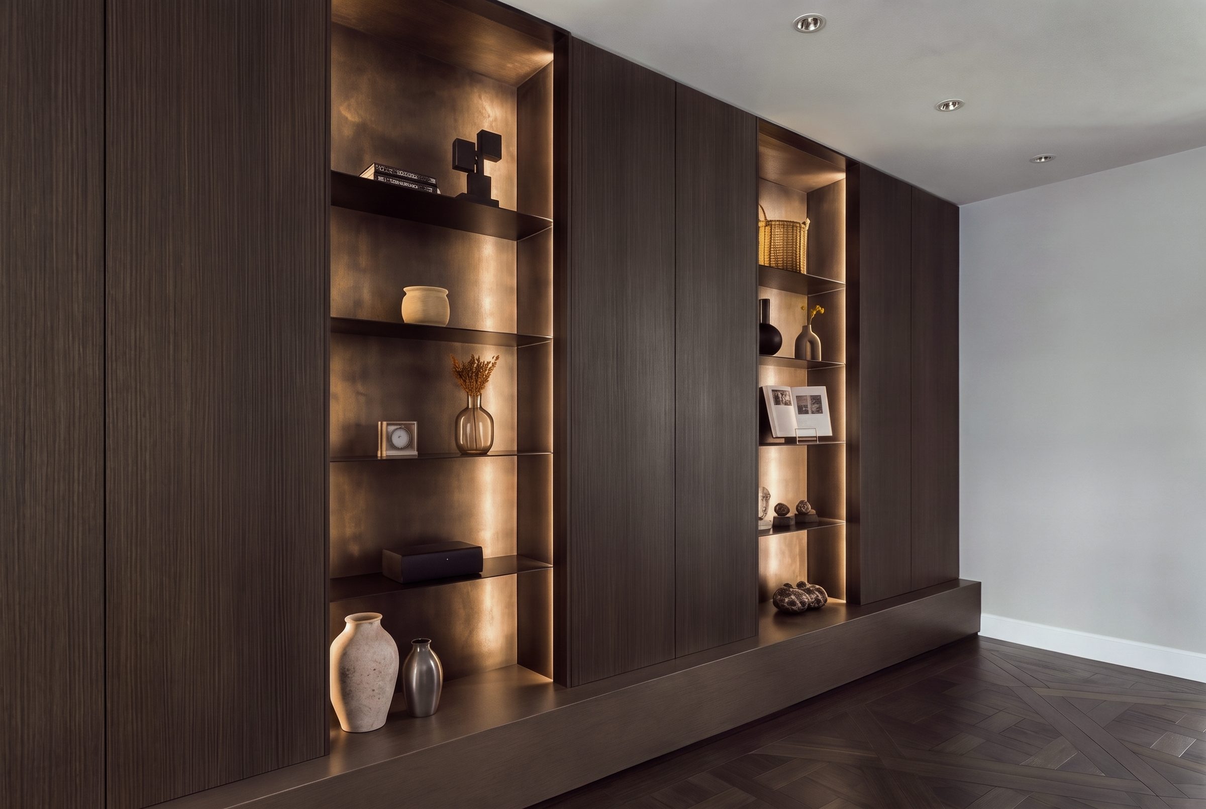 Fitted walnut shelving and storage detail, CGI render