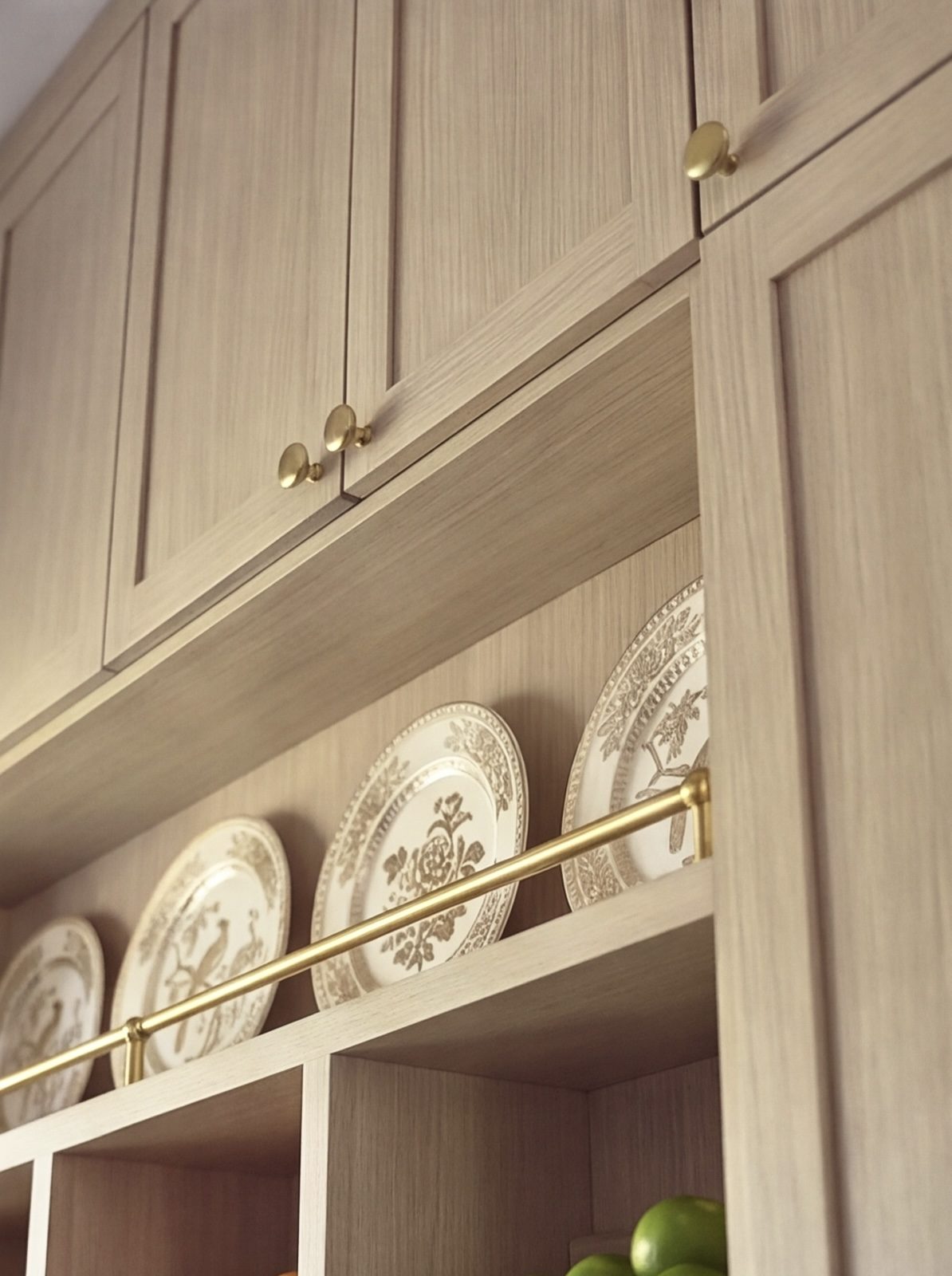 Light veneer larder storage with pull-out shelving