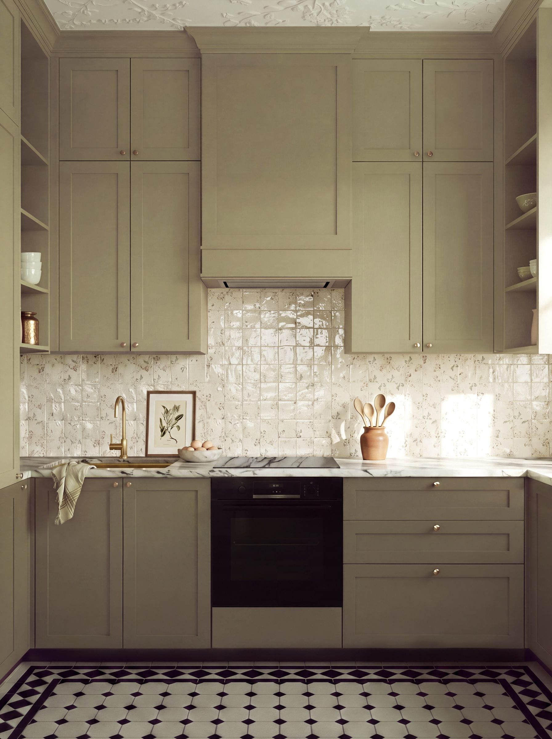 Olive spray-painted Shaker kitchen with patterned floor tiling
