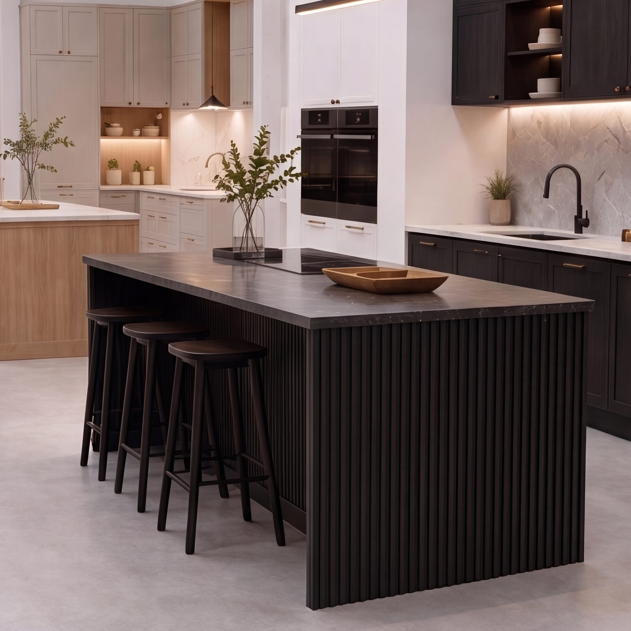 Dark fluted kitchen island with bar stool seating in the HausBespoke showroom