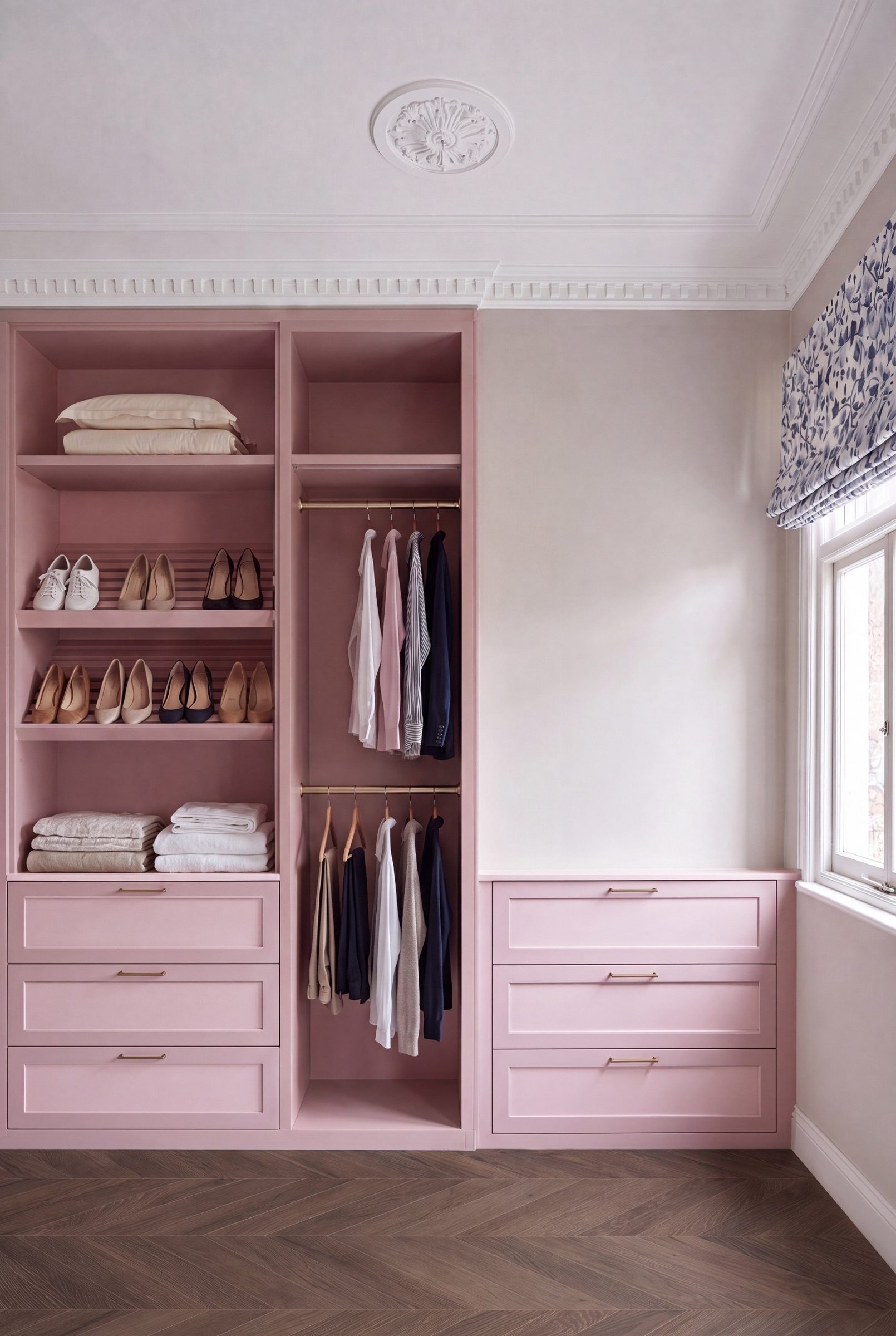 Spray-painted pink walk-in dressing room with open shelving and hanging rails