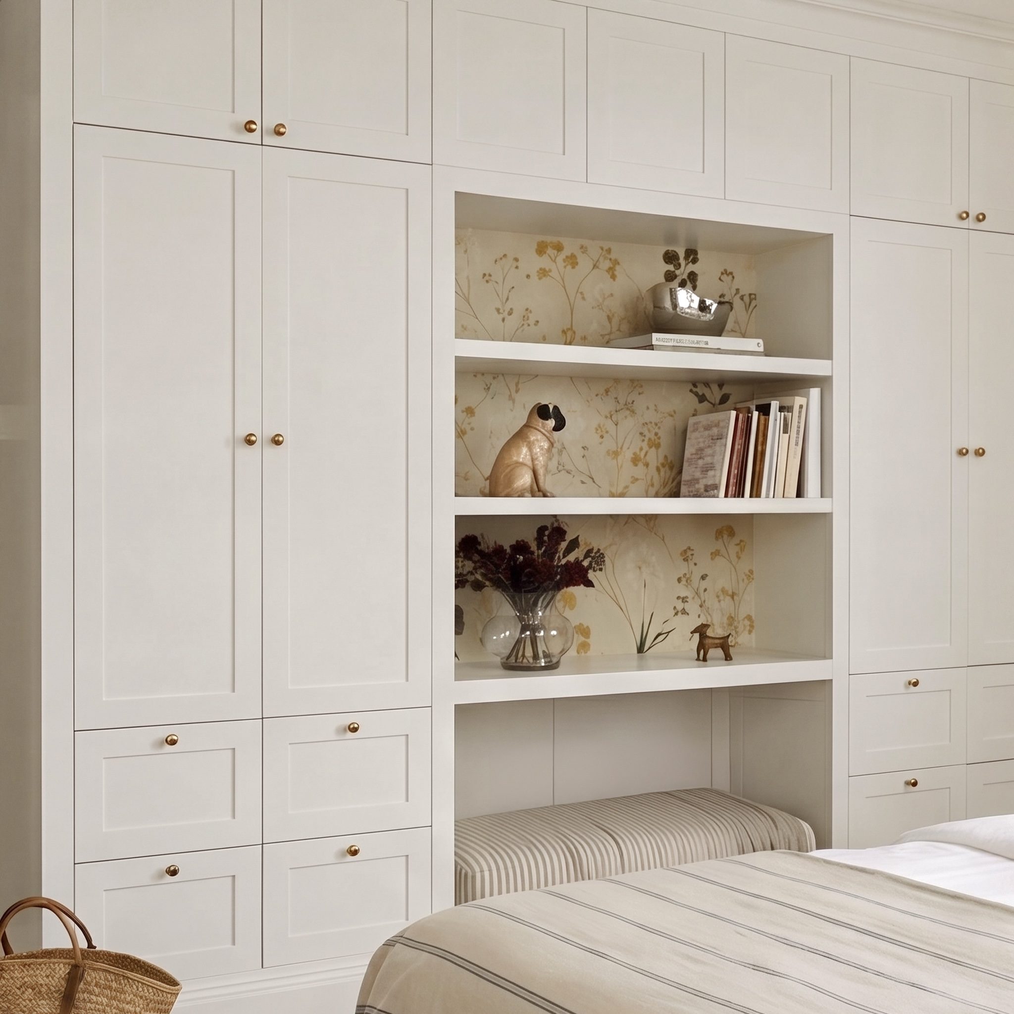 White corner wardrobe with open bookshelf return, CGI render