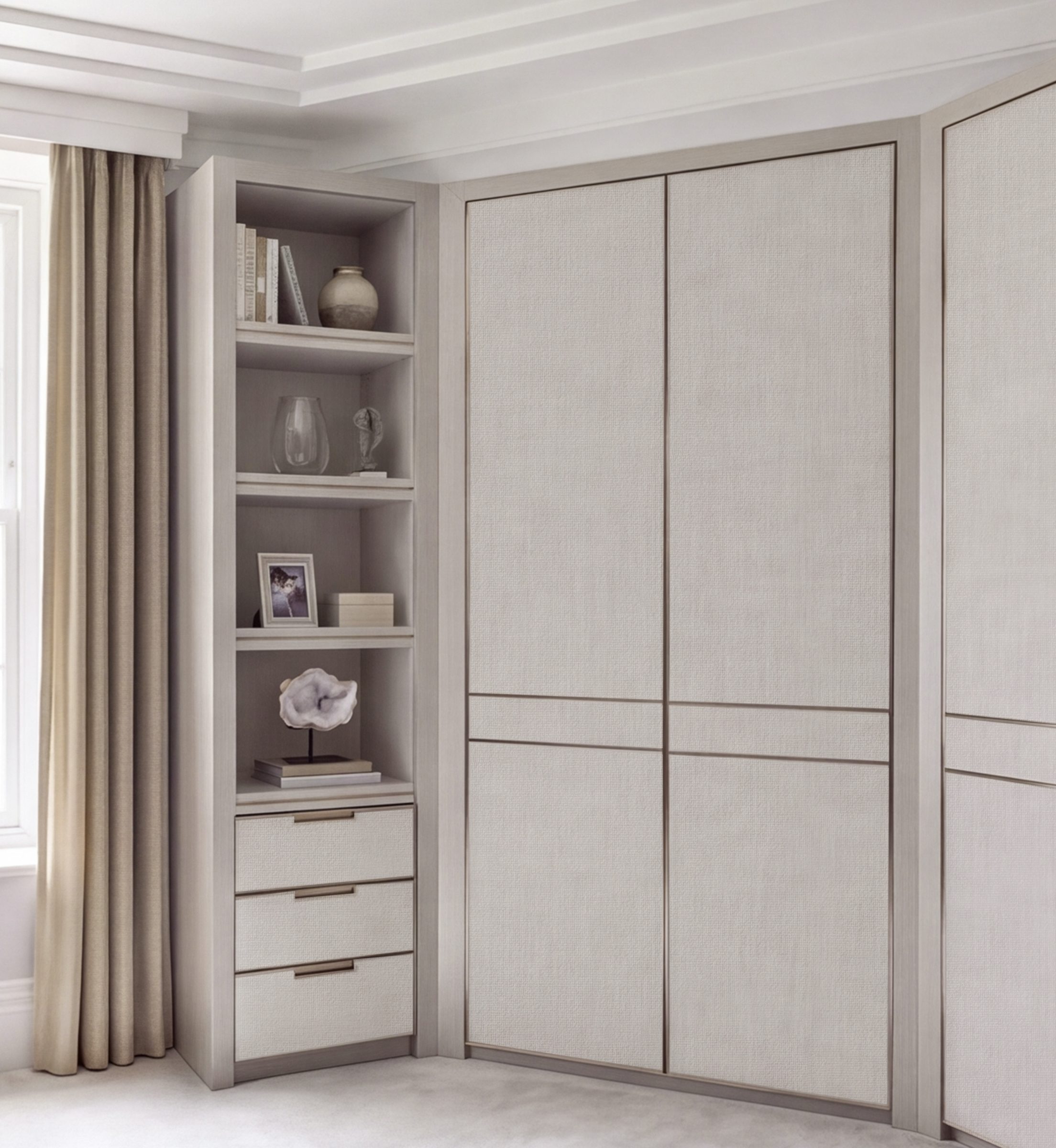 Fabric-fronted fitted wardrobe with mother-of-pearl inlay detail